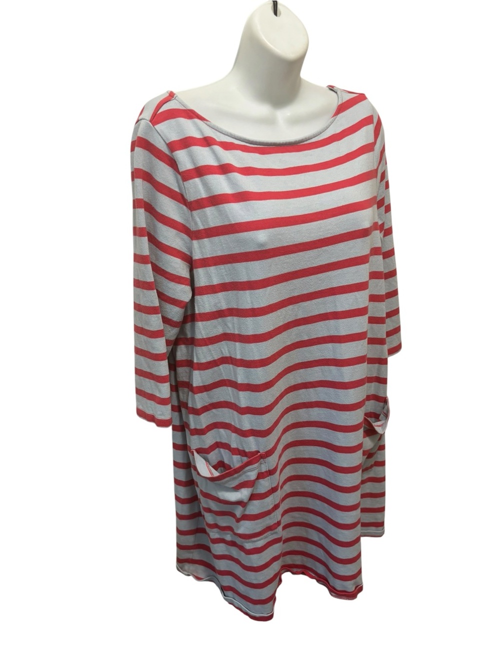 The Nines By HATCH Striped T-Shirt Costal Dress L Pockets Red Gray Luxe Cotton